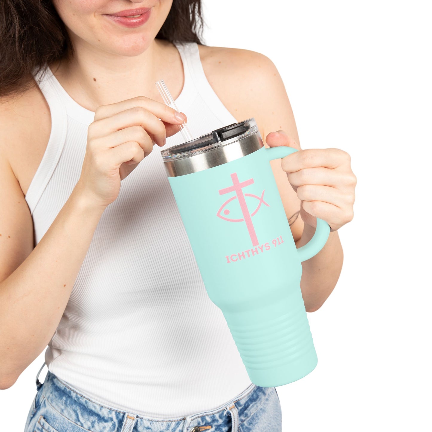 40oz Insulated Travel Mug with Straw - Perfect for On-the-Go Hydration & Outdoor Adventures - Featuring ICHTHYS 911