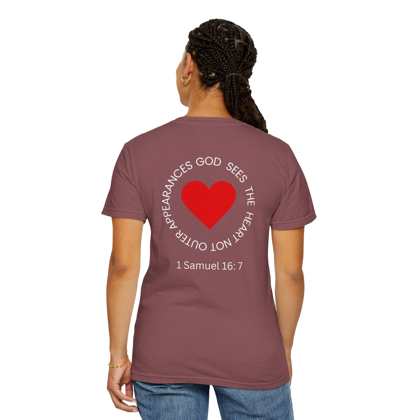 ICHTHYS 911 -  "God Sees the Heart" - White Font - Unisex Garment - Dyed T-Shirt - Inspirational Graphic T-Shirt for Everyday Motivation - 100% US cotton