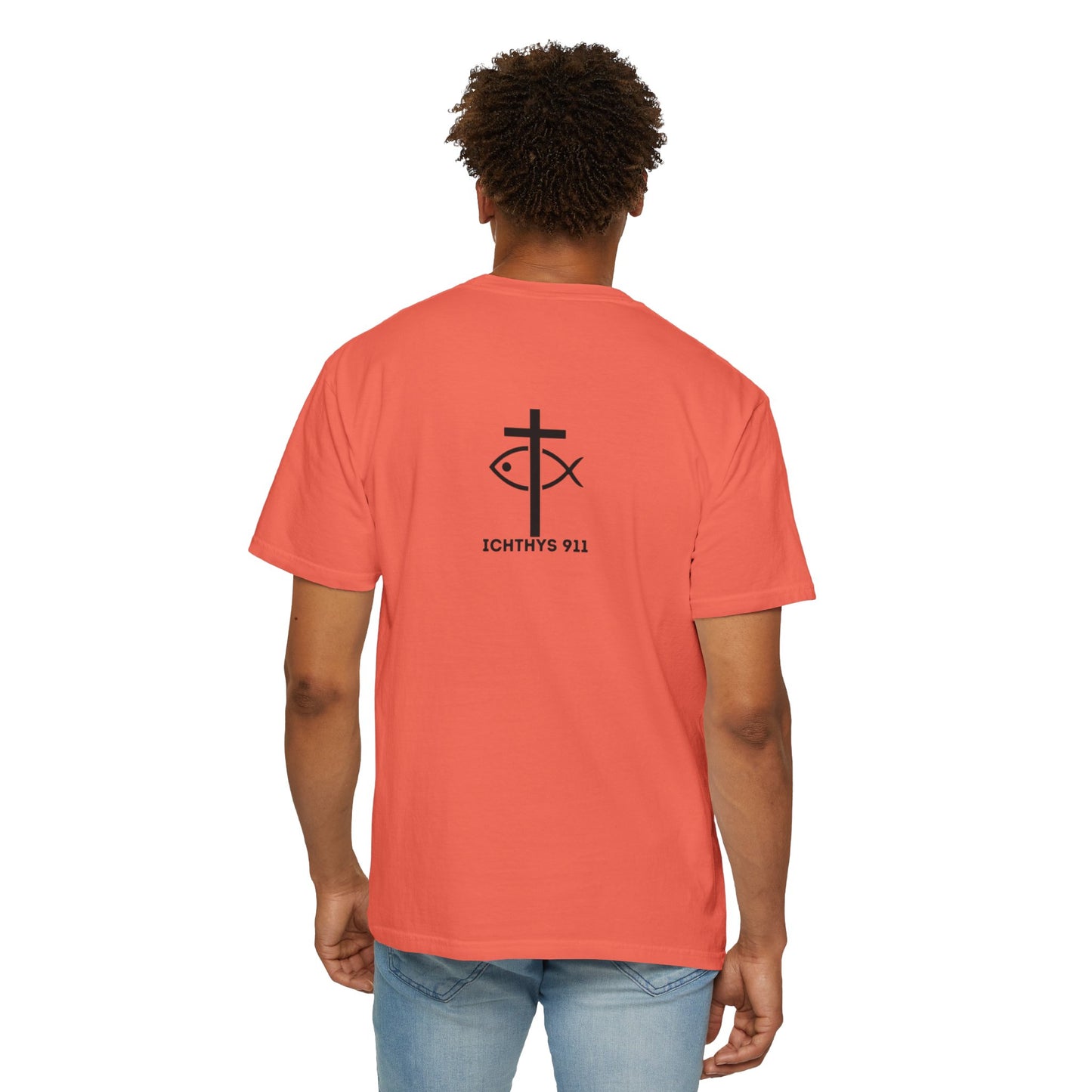 ICHTHYS 911 "Faith & Strength" Reverse - Black Font - Unisex Garment -Dyed Tee - 100% US Cotton - Men T-Shirt - Women T-Shirt - Inspirational Christian Shirt - Very Good Quality and Feel