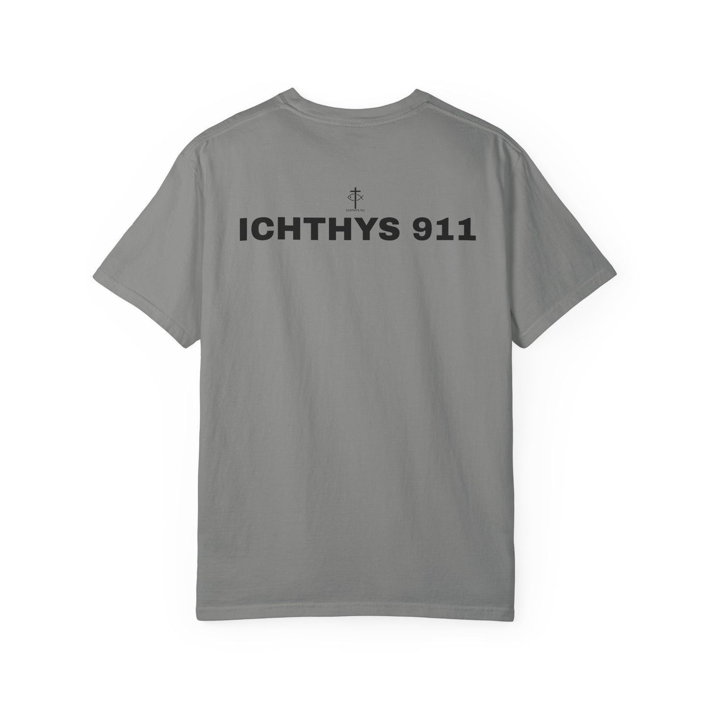 ICHTHYS 911 - Authentic - Christian Streetwear T-Shirt – Jesus Gym & Faith Fashion - Men T-Shirt - Women T-Shirt -Unisex Garment-Dyed T-Shirt Black Font