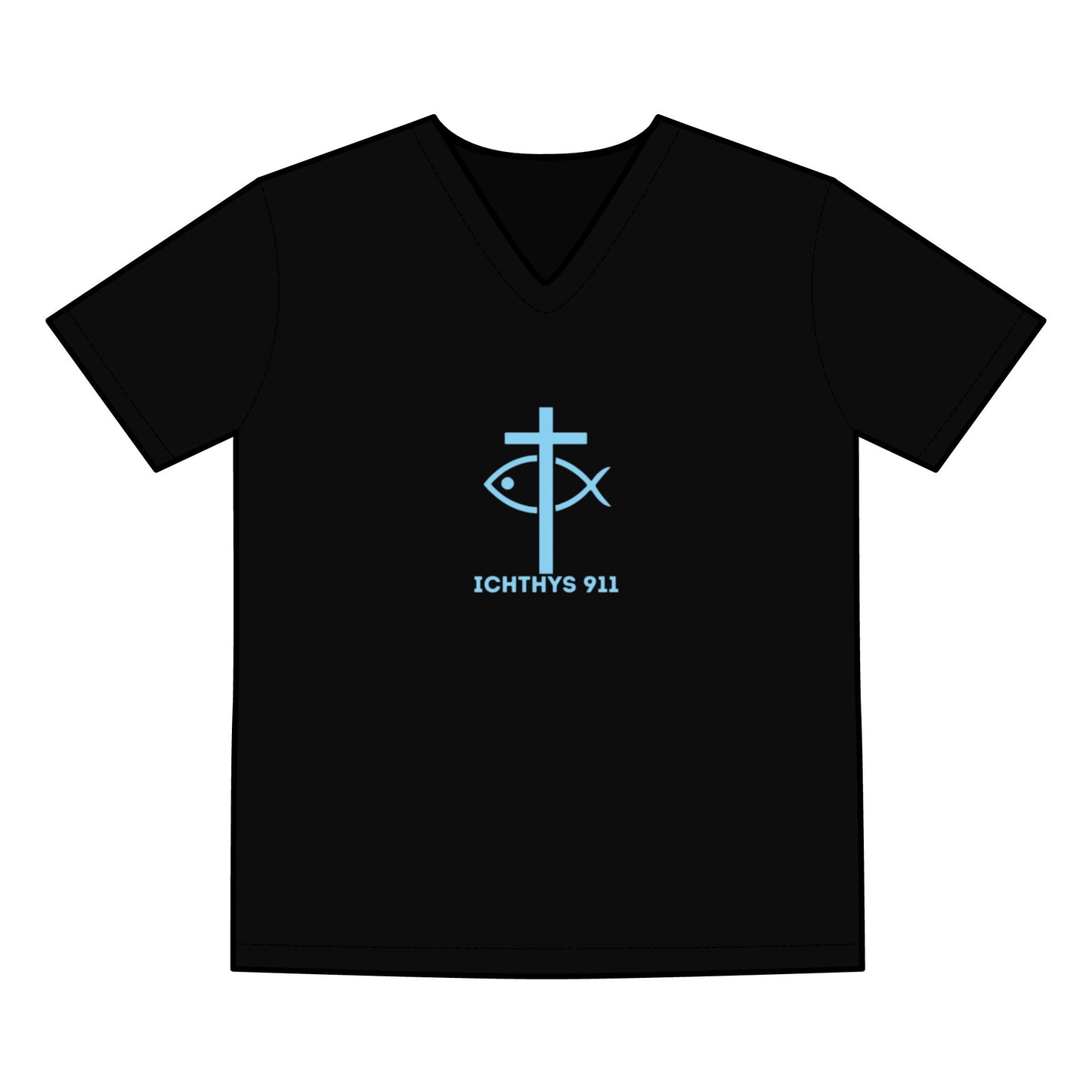 ICHTHYS 911 - Blue Font - "Jesus Is His Name, Saving Souls For Eternity is His Game" Men's V Neck Tee - Men T-Shirt - Christian T -