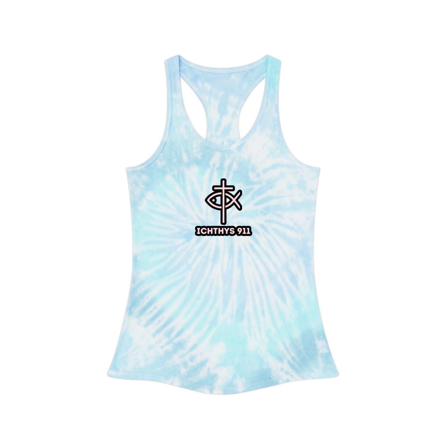 Women Tie Dye Tank Top - ICHTHYS 911 Summer Vibes Racerback Shirt. Be bold in your walk. Be known by your faith. Represent the movement.