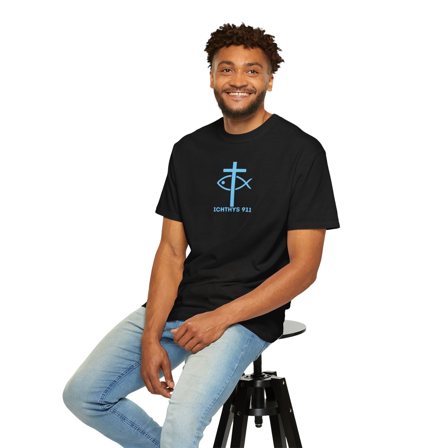 Jesus Christ Son of God Savior - Blue Font - Christian Streetwear T-Shirt – Jesus Gym & Faith Fashion, Unisex Garment-Dyed T-Shirt, ICHTHYS911, Men T-Shirt, Women T-Shirt