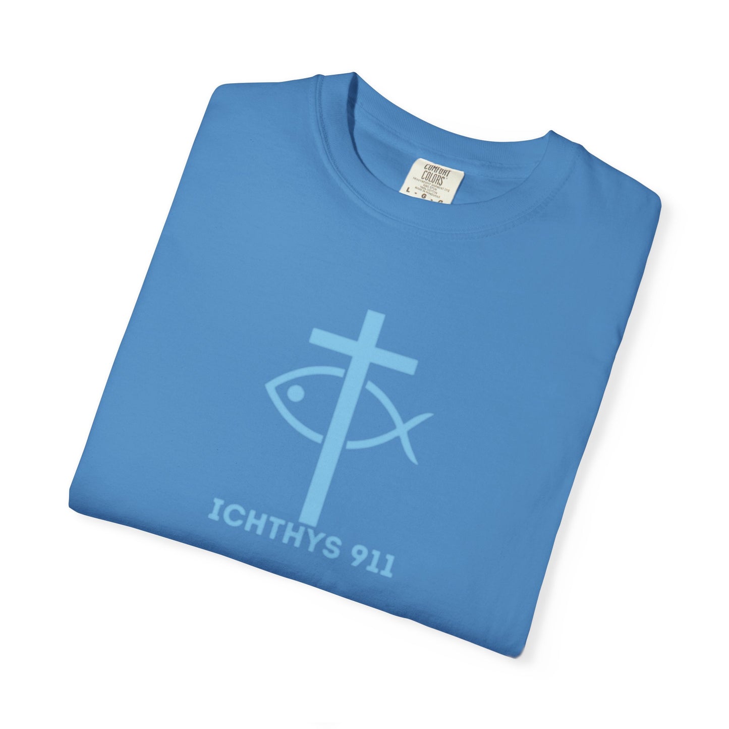 Iēsous Christos, Theou Yios, Sōtēr - Blue Font - Garment-Dyed Unisex T-Shirt - 100# US Cotton -Men T-Shirt - Women T-Shirt - Faith Inspired - Unisex Garment - ICHTHYS 911 - Blue Font - Heavy Duty Shirt