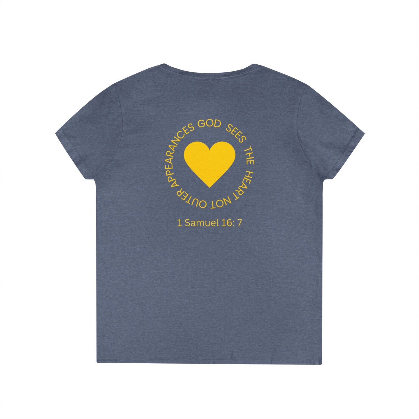 God Sees The Heart Gold Font Women’s Faith-Inspired V-Neck T-Shirt - ICHTHYS 911 Design911 Design