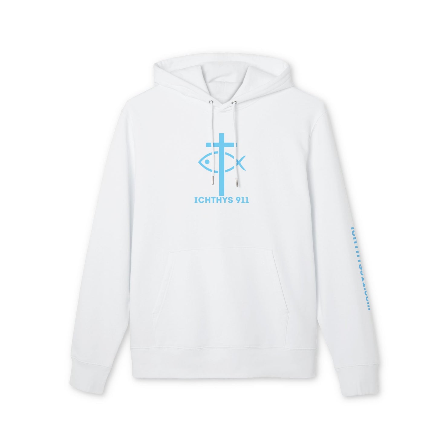 Iēsous Christos, Theou Yios, Sōtēr = Jesus Christ, Son of God, Savior - Unisex - Blue Font - Sweatshirt - ICHTHYS 911 - Hoodie -100% Organic- Heavy