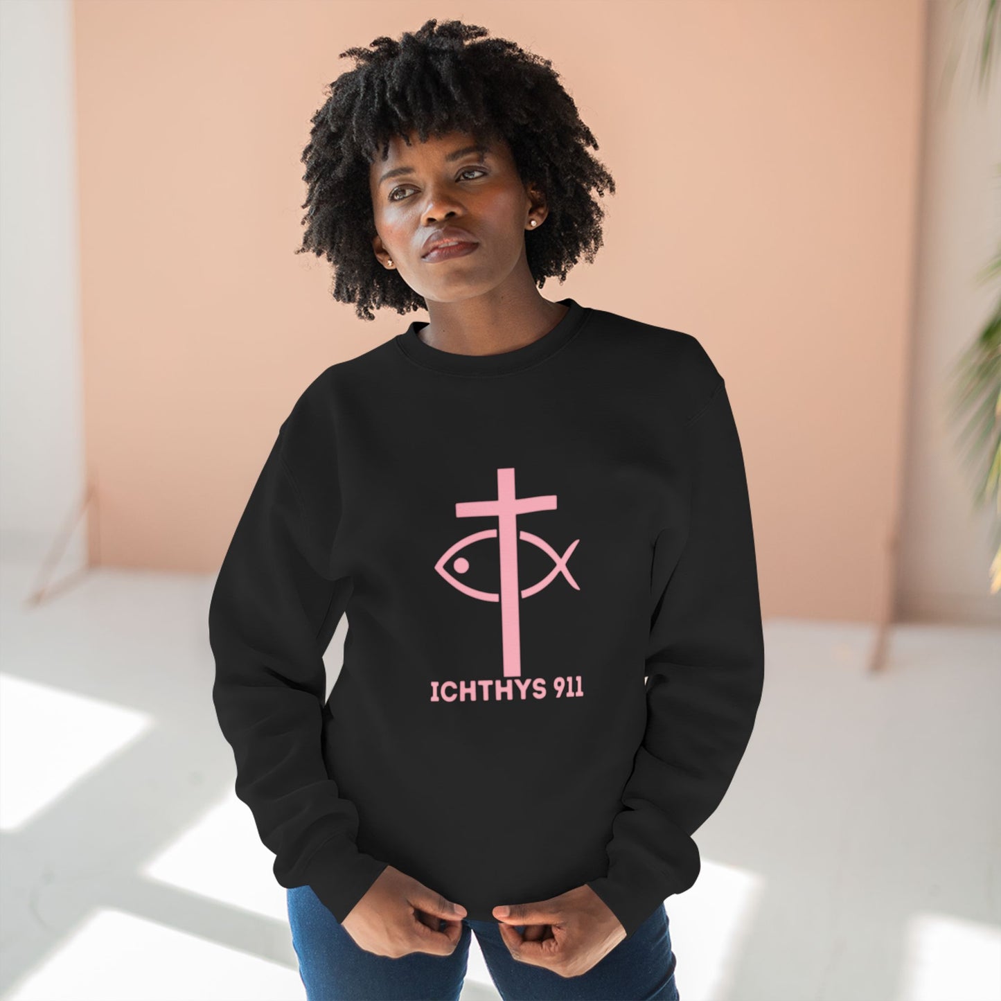 ICHTHYS 911 Minimal Pink Cross Crewneck Sweatshirt — Unisex -