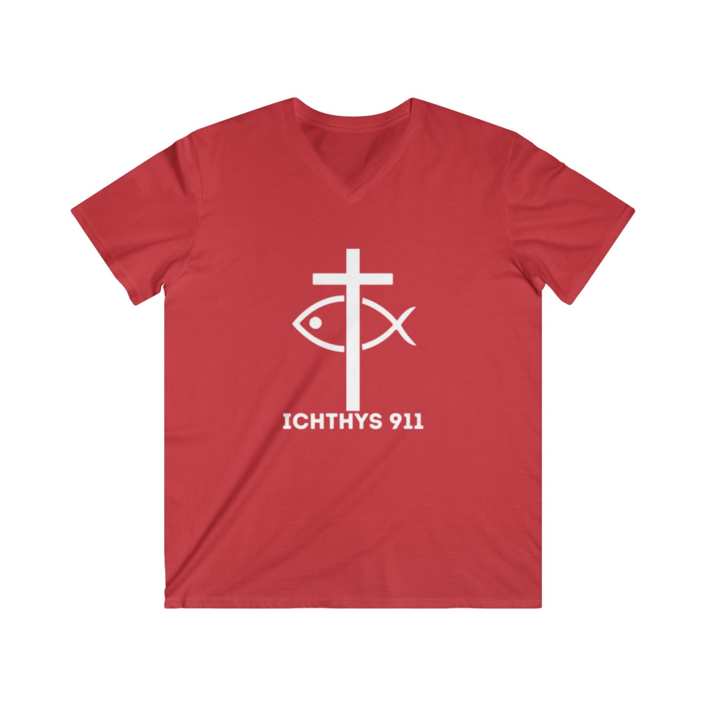 "Iēsous Christos, Theou Yios, Sōtēr" = Jesus Christ, Son of God, Savior - Men's Fitted V-Neck Short Sleeve T - Shirt - Christian Faith - White Font - ICHTYHS 911