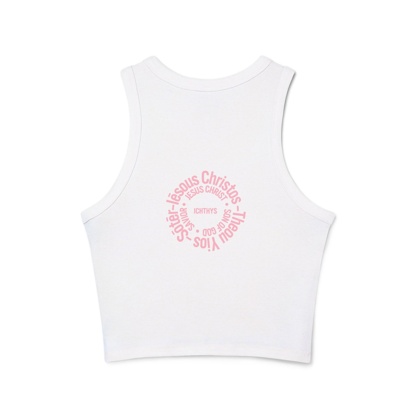 Iēsous Christos, Theou Yios, Sōtēr - Pink Font Faith-Inspired Women's Micro Rib Racer Tank Top - Cute Jesus Christ Design - Women Tank - Christian - Work Out - ICHTHYS 911 Design