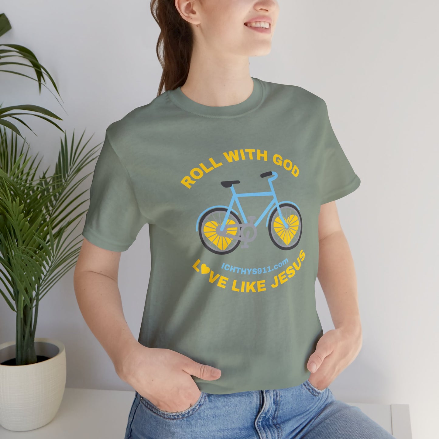 ICHTHYS 911 - "Roll With God Love Like Jesus" - Reverse Design - Unisex T- Shirt - Lightweight 100% Cotton - Summer T - Arm Form Fitting - Men T- Shirt - Women T-Shirt - Christian T-Shirt - Love Like Jesus