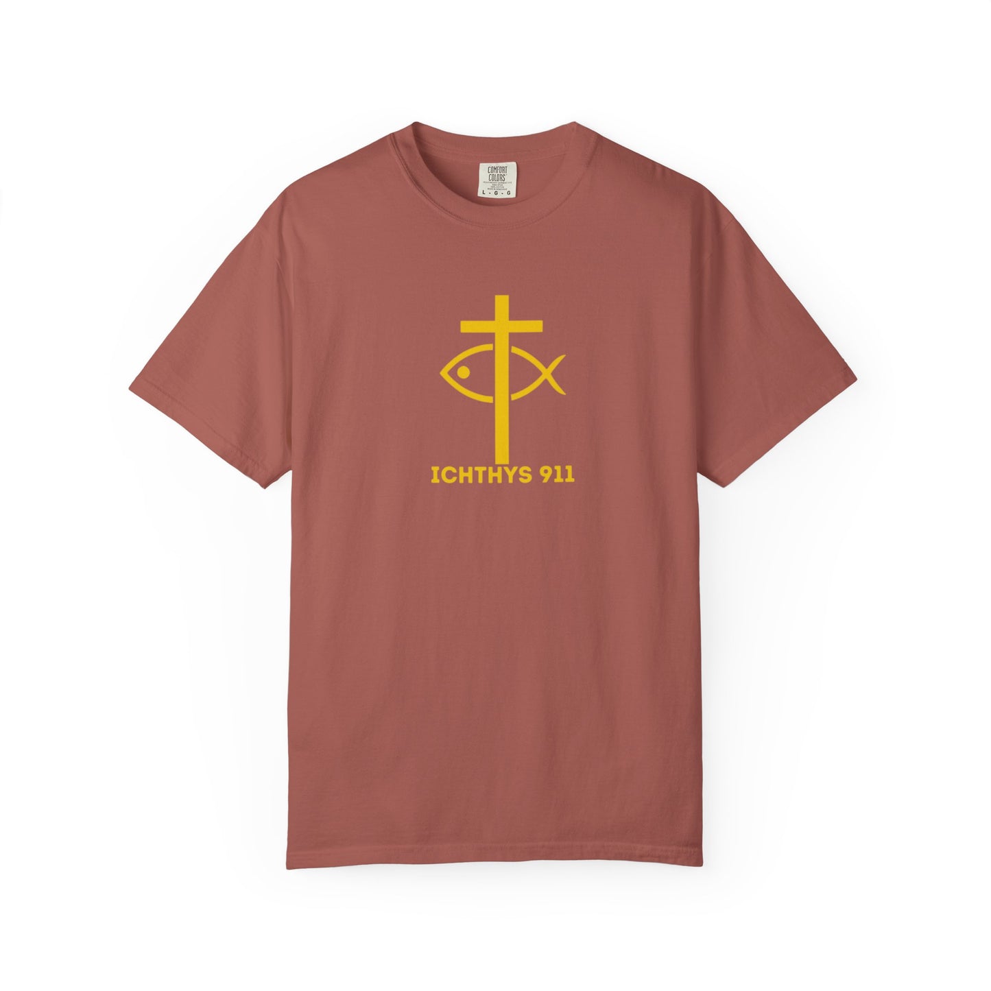 ICHTHYS 911 Gold Font "Faith, Hope, & Love" - Unisex Garment Dyed T-Shirt - 100# US Cotton - Men T-Shirt - Women T-Shirt - Christian T- Shirt -Faith-Inspired Shirt - Christian Fashion - Wear Your Faith