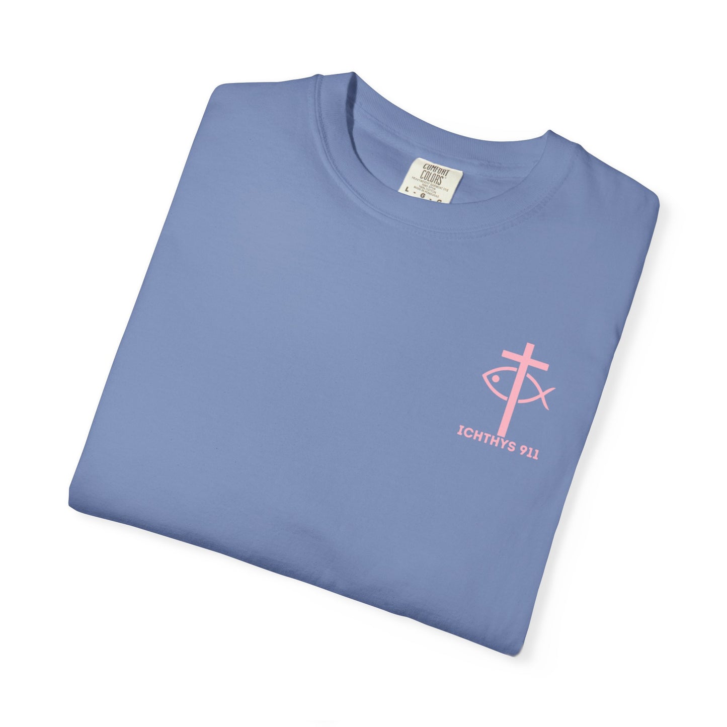 ICHTHYS 911 Pink Font "Badge Collection" - Unisex Garment Dyed T-Shirt 100% US Cotton - Christian Graphic Tee - Gym - T - Christian Faith - Jesus Wear - Women T-Shirt - Men T-Shirt - Garment Dyed
